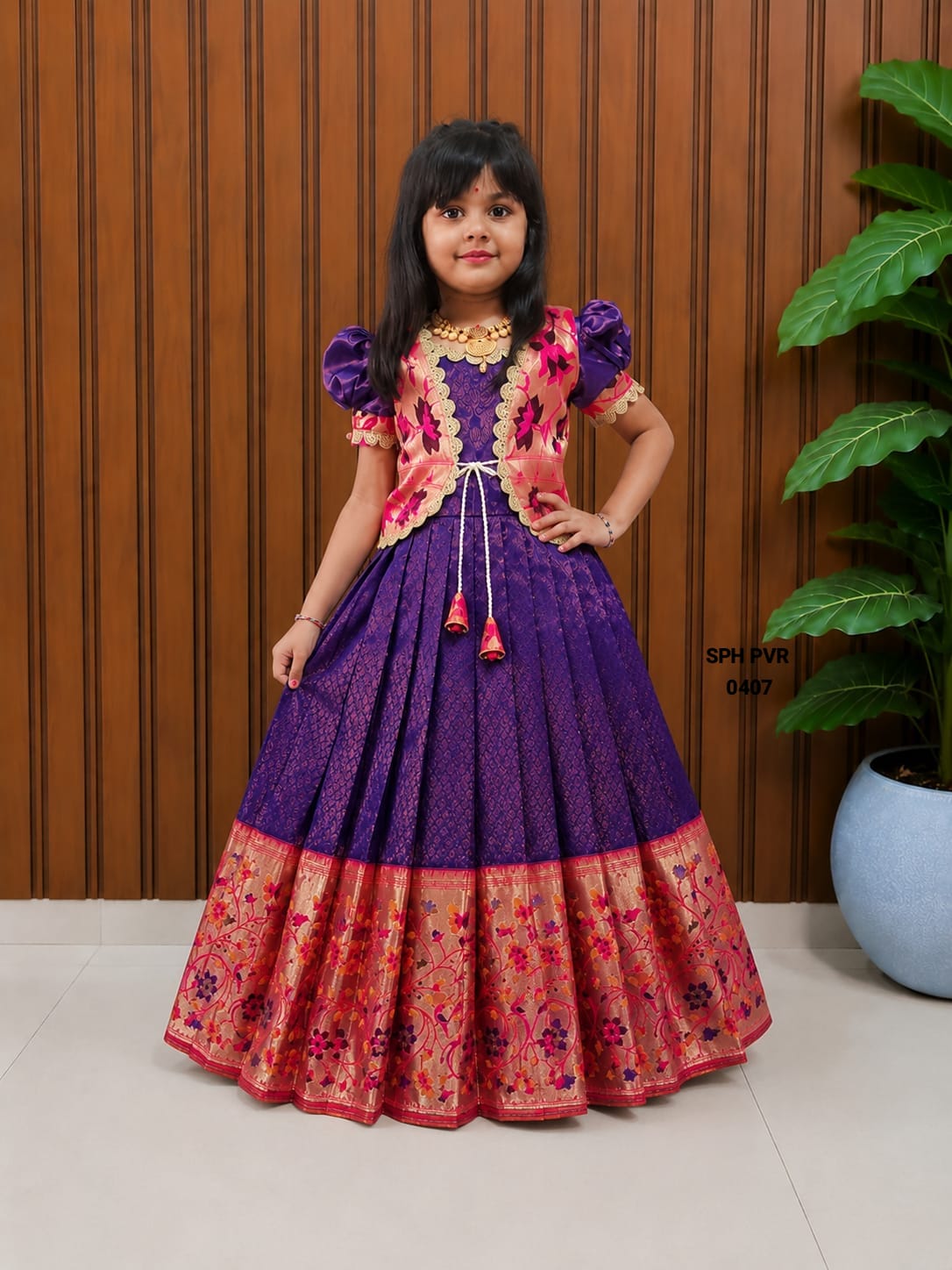 Girls Royal Purple Brocade Ethnic Gown Dress